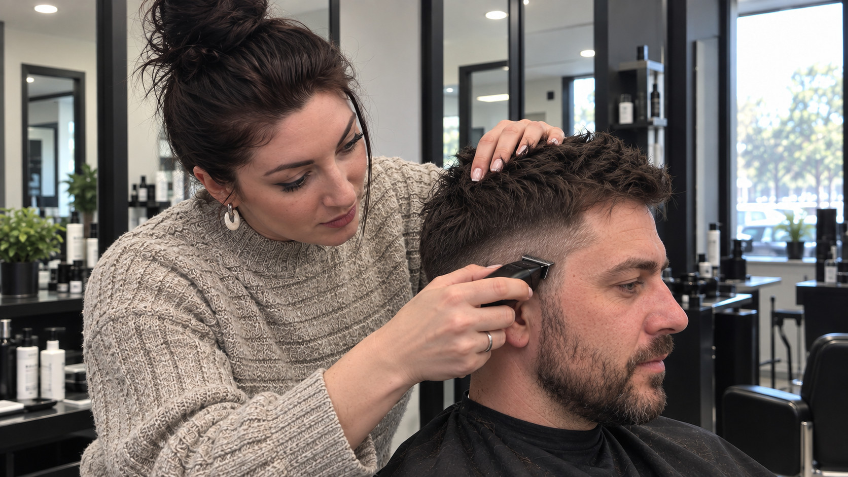 Alia shows the client the finished haircut, fade and neckline in a mirror