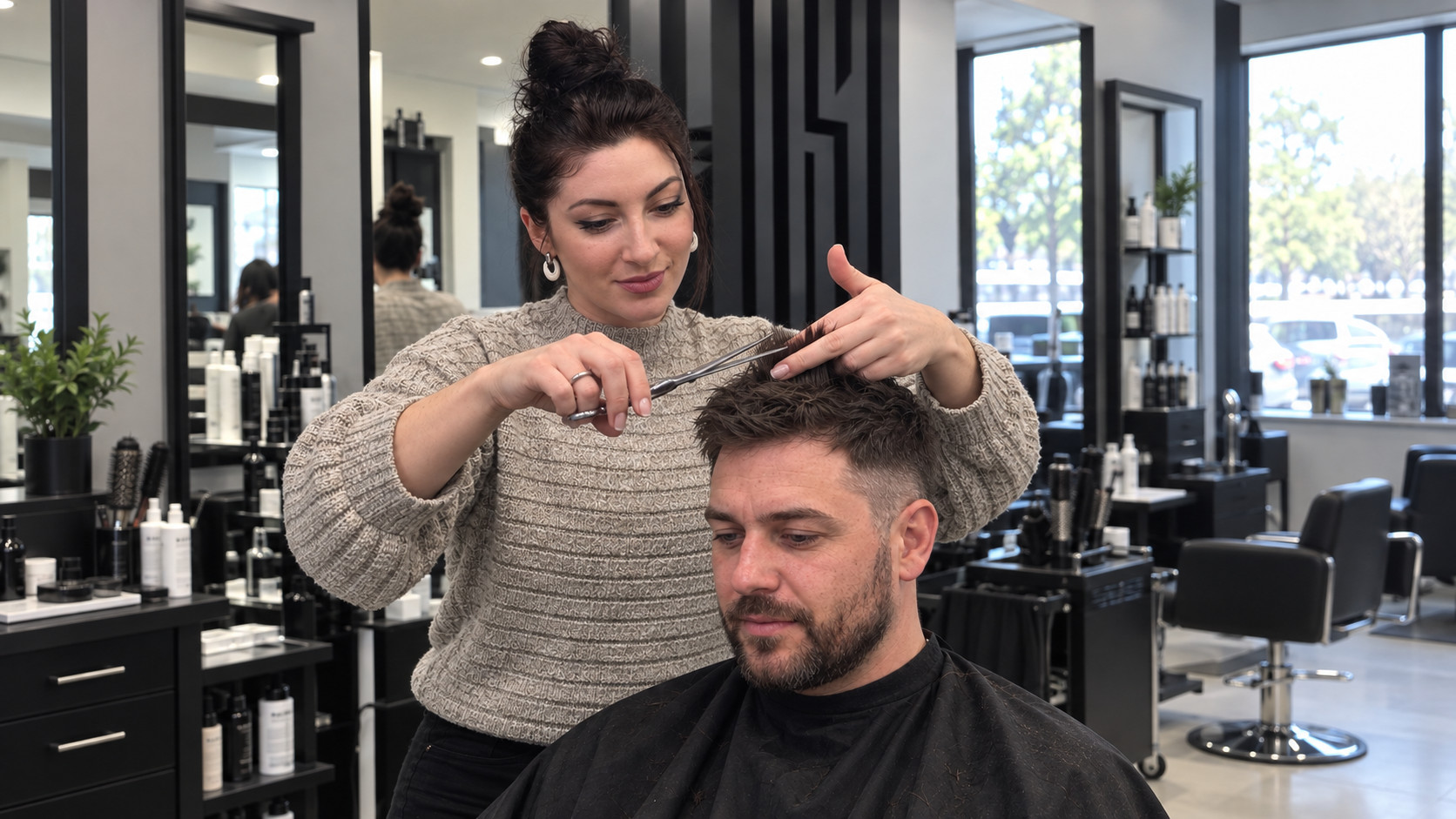 Barber shapes a haircut with scissors and a comb