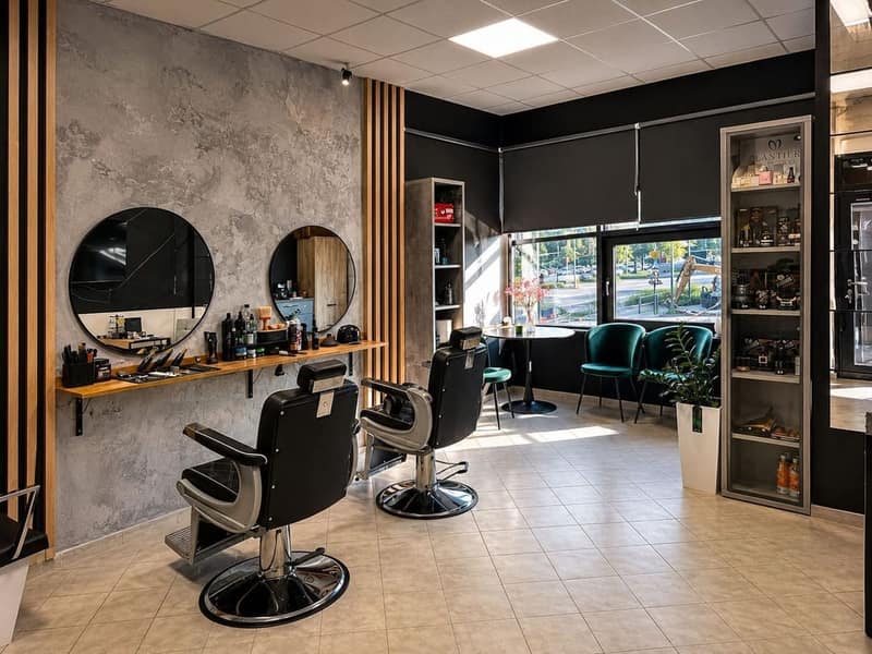 Szeroki widok wnętrza ALIA Barber Tychy ze stanowiskami i strefą oczekiwania